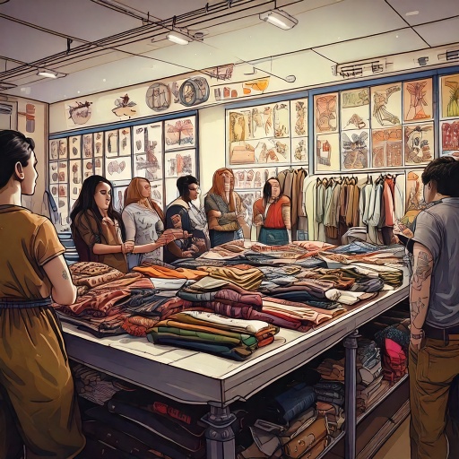 an art depiction of a small team dressed in baggy streetwear is deciding what clothes to choose for our collection