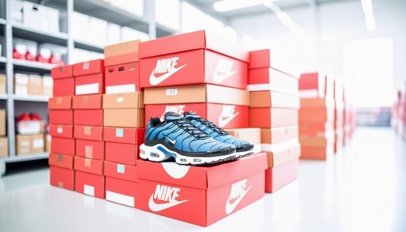 Boxes of Nike Sneakers stacked in the middle of a warehouse. A single Airmax Tuned in Hyper Blue is displayed prominently in the foreground