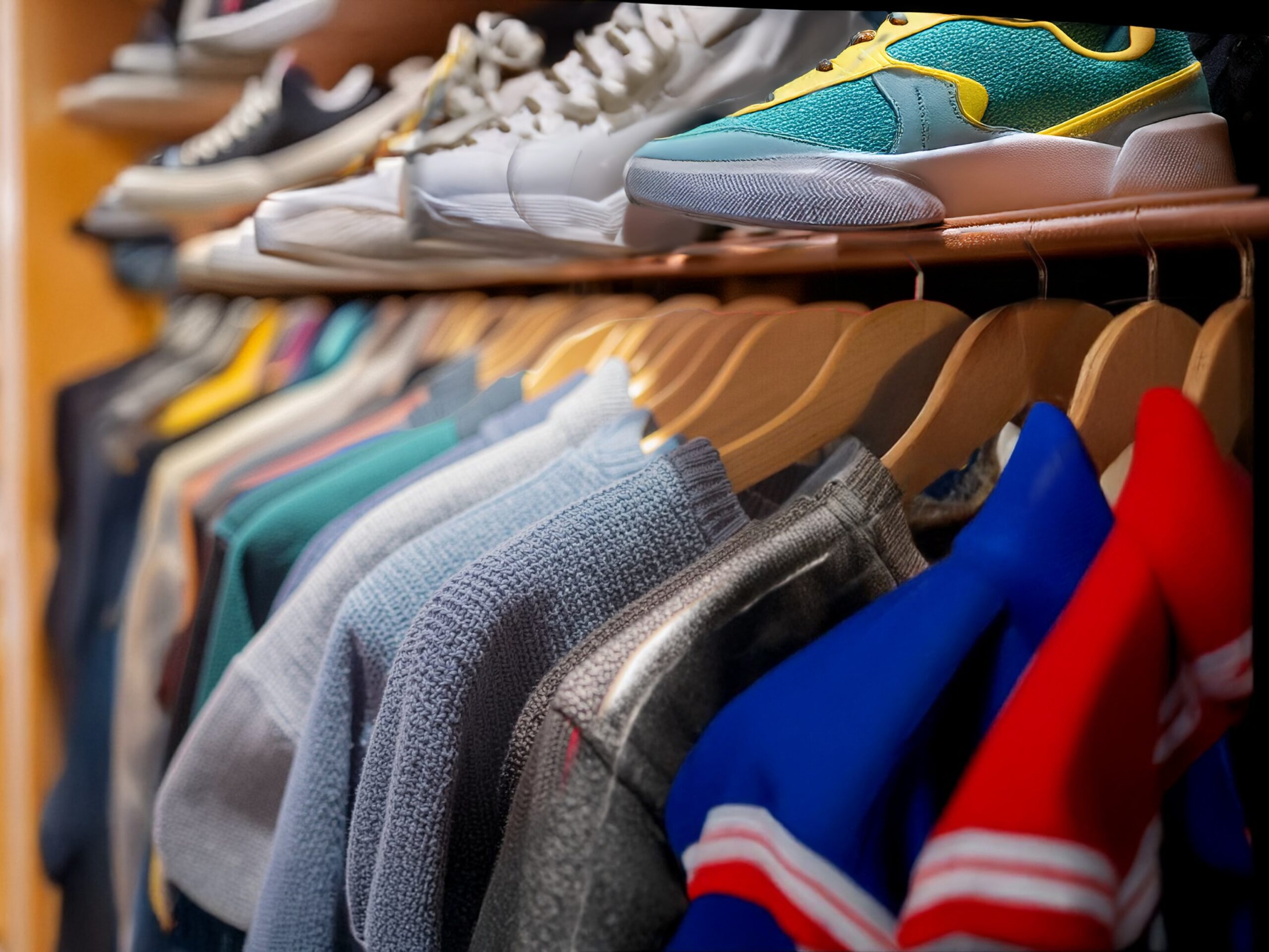 A mix of vintage garments and sneakers displayed in the PACT vintage clothing store.